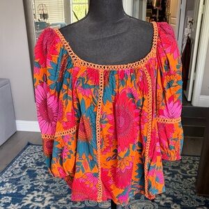 Anthropologie Vibrant Floral Blouse - Orange and Pink